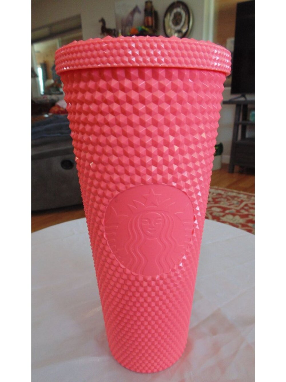 Starbucks Pink Coral Textured Plastic Tumbler with Lid Geometric Modern Design